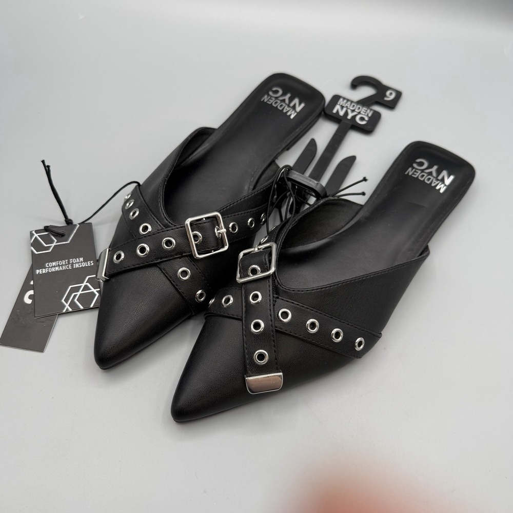 Madden NYC Black Buckle Pointed Toe Mules Silver Grommet Flats Size 9 NWT